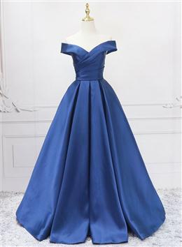 Picture of Off Shoulder Blue Satin A-line Floor Length Formal Dresses, Blue Simple Formal Dresses